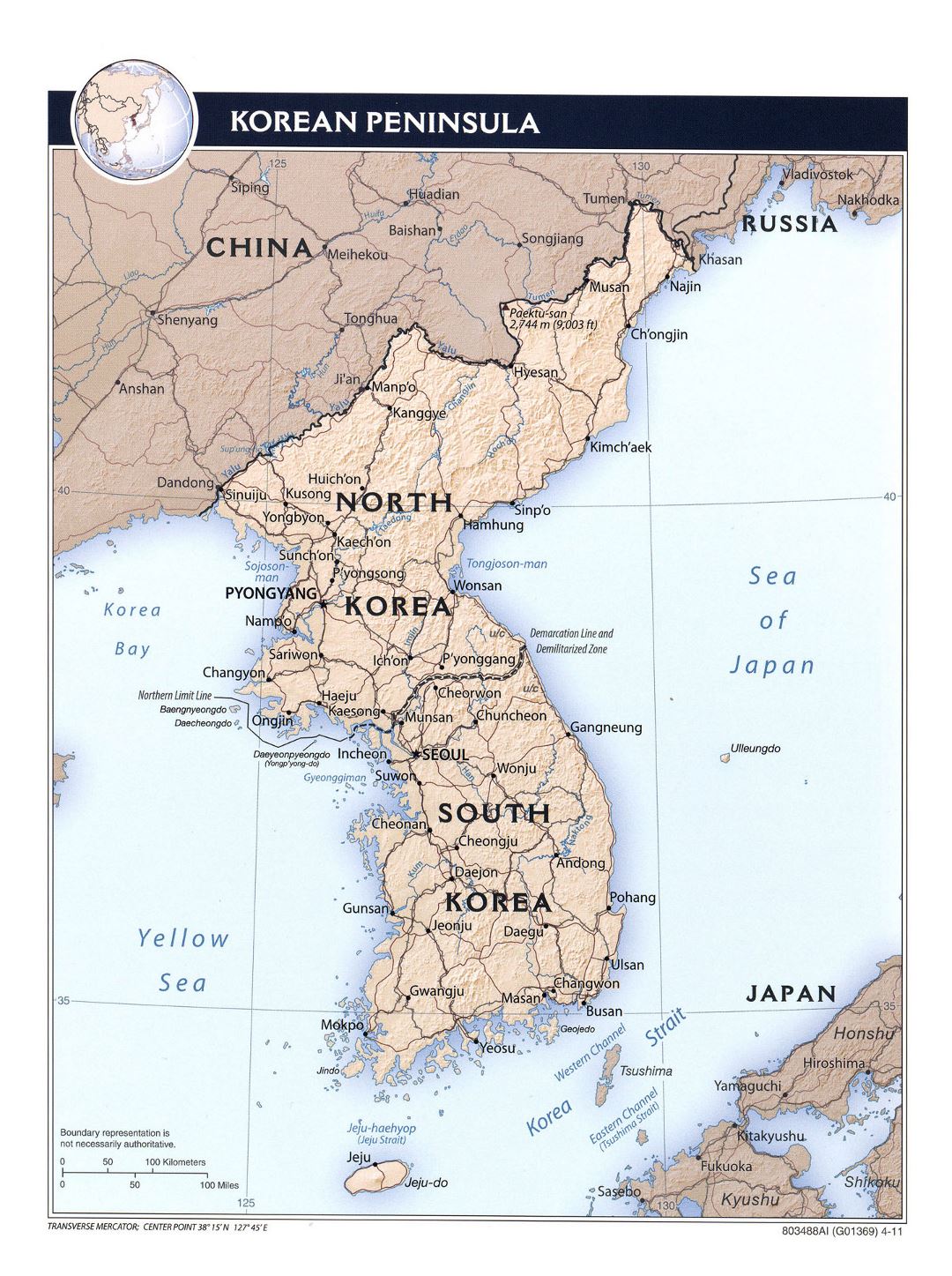 Large political map of Korean Peninsula with relief, roads, railroads and major cities - 2011