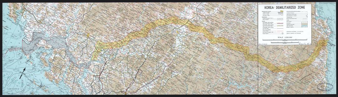 Large scale detailed map of Korea Demilitarized Zone with relief, roads, railroads, cities, airports and other marks - 1969