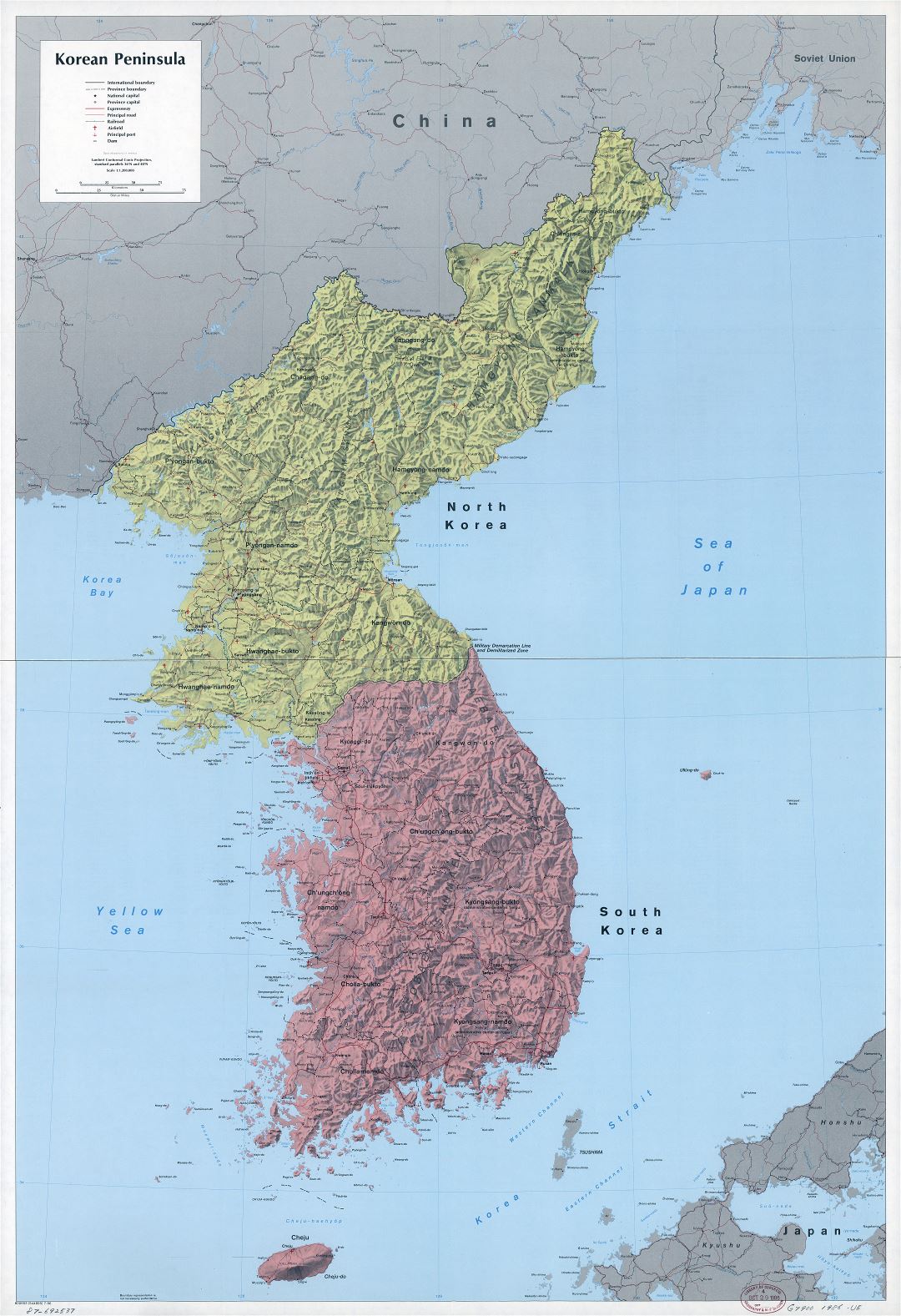 Large scale detailed political and administrative map of Korean Peninsula with relief, roads, railroads, cities, ports, airports and other marks - 1986