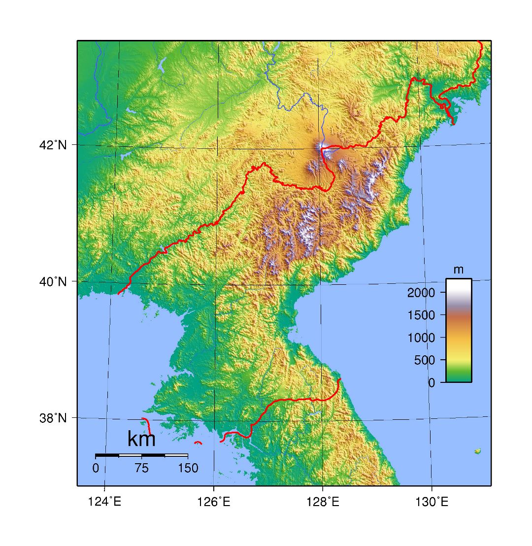 Large topographical map of North Korea
