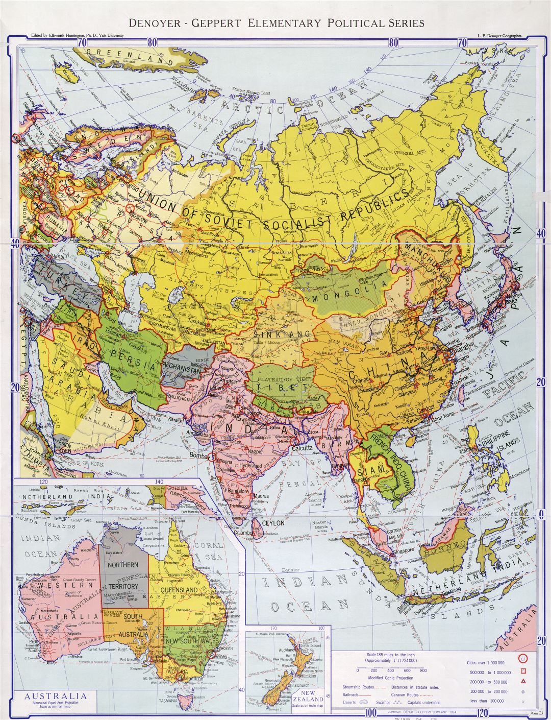 Large detailed old political map of Asia - 1934