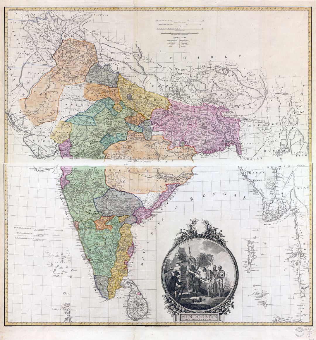 Large scale detailed old map of Hindoostan (South Asia) - 1782