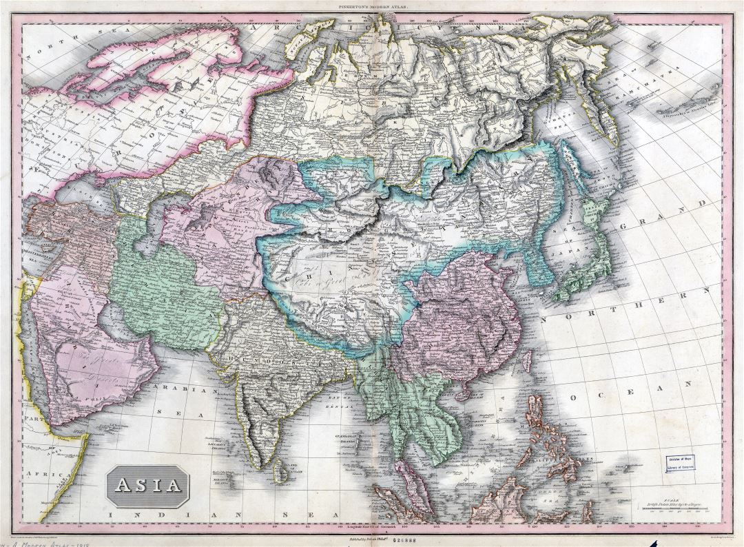 Large scale detailed old political map of Asia with relief - 1818