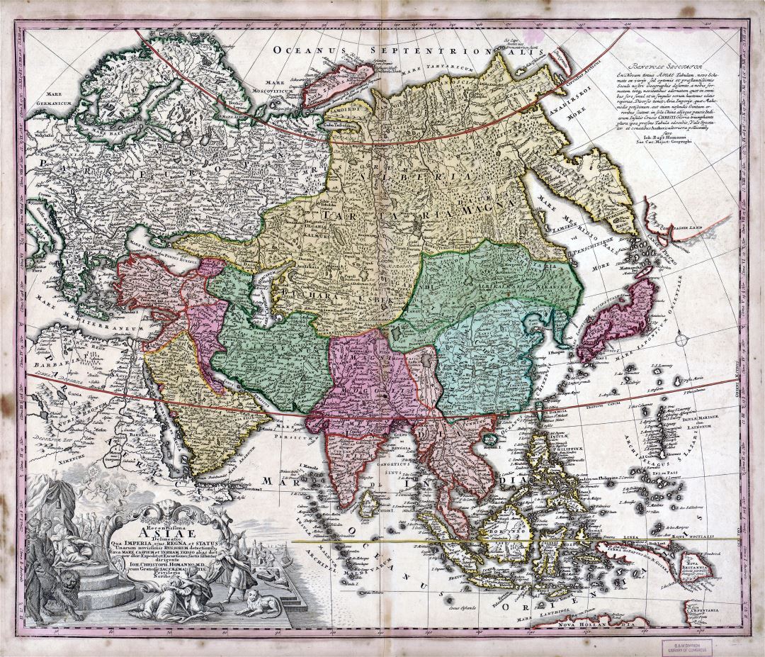 Large scale old antique political map of Asia - 1743