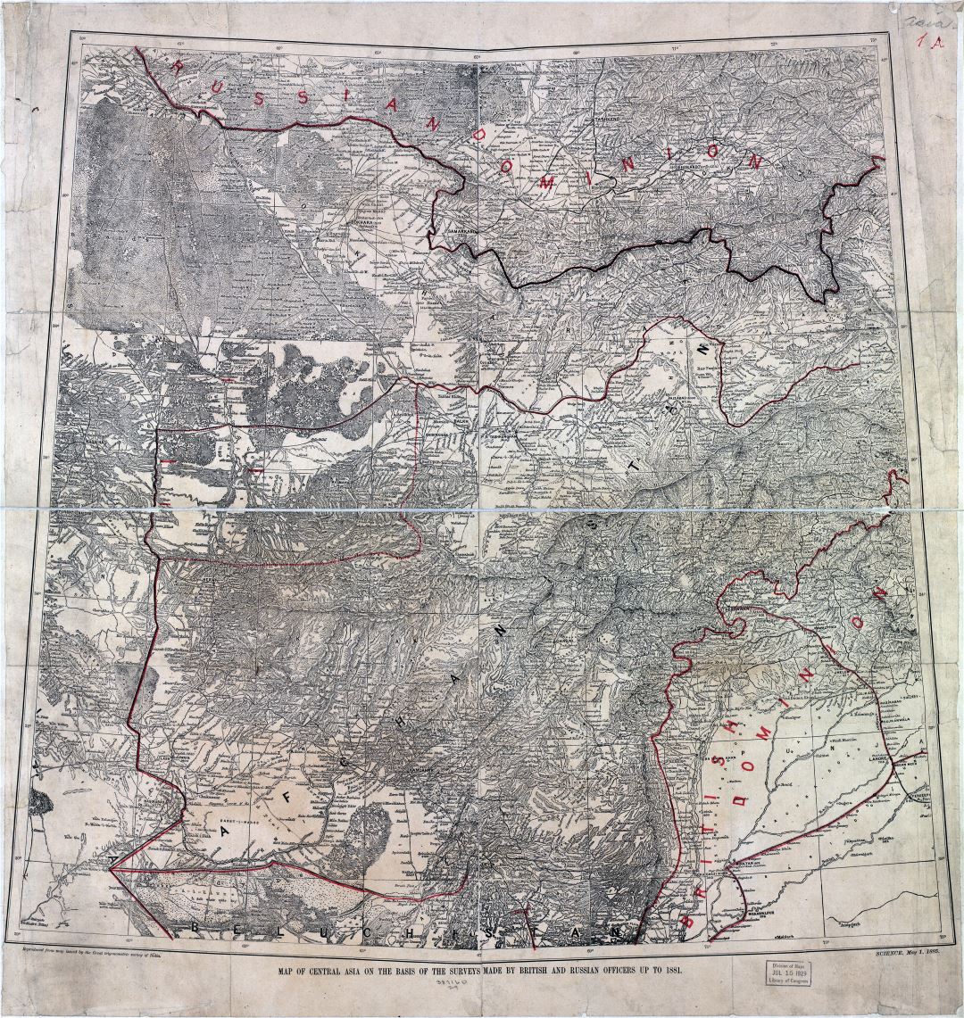Large scale old map of Central Asia on the basis of the surveys made by British and Russian officers to 1881 - 1885