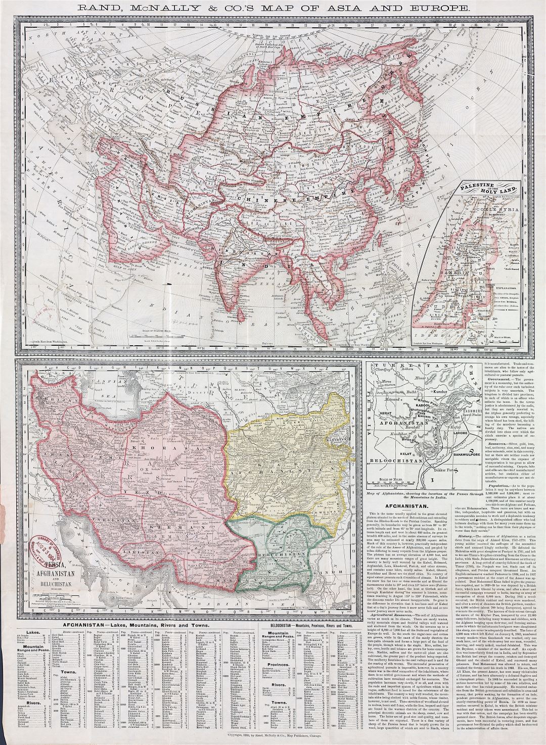 Large scale old map of Palestine or the Holy Land with Persia, Afghanistan and Beluchistan - 1885