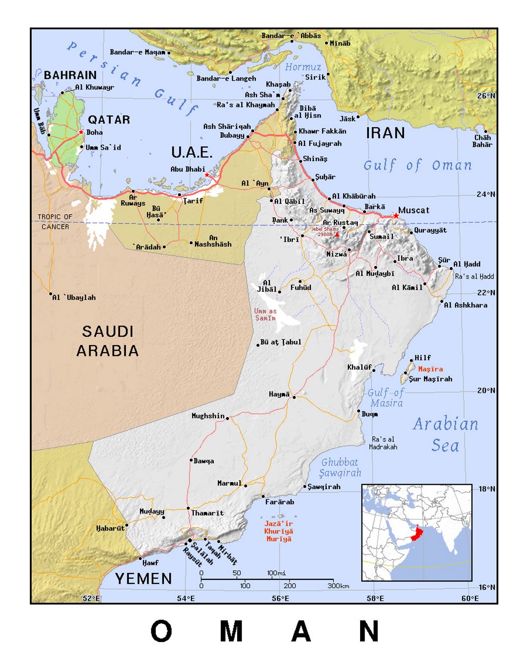 Detailed political map of Oman with relief