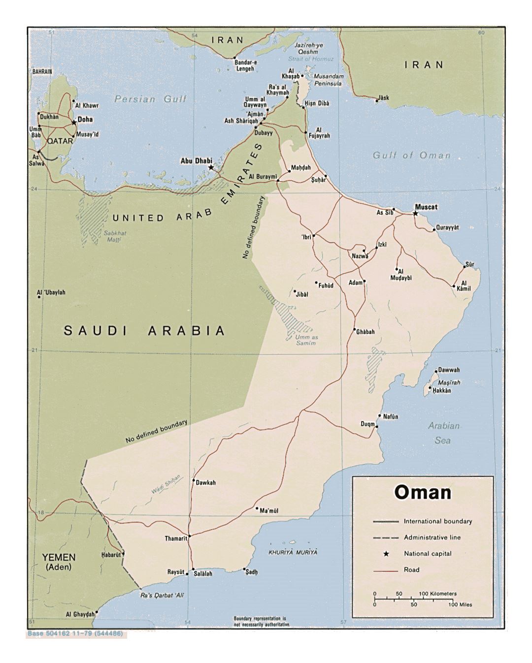 Detailed political map of Oman with roads and major cities - 1979