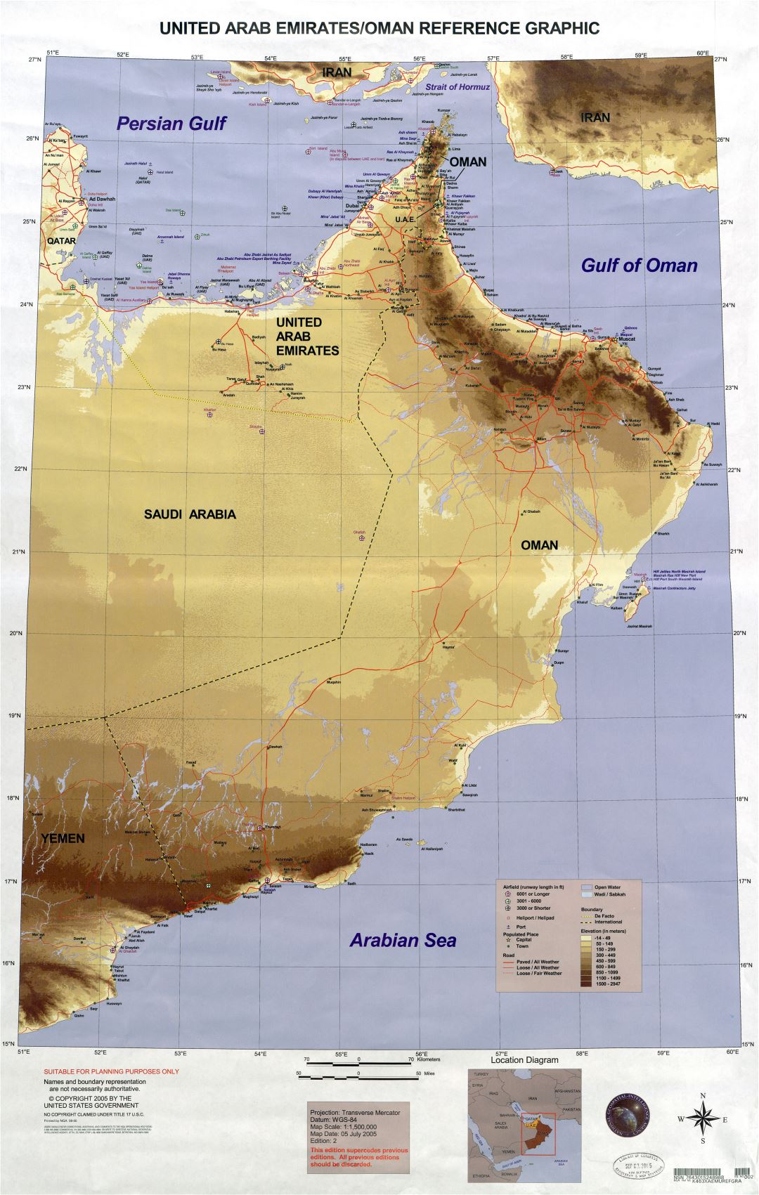 Large detailed elevation map of United Arab Emirates and Oman with roads, all cities, airports, heliports, ports and other marks - 2005