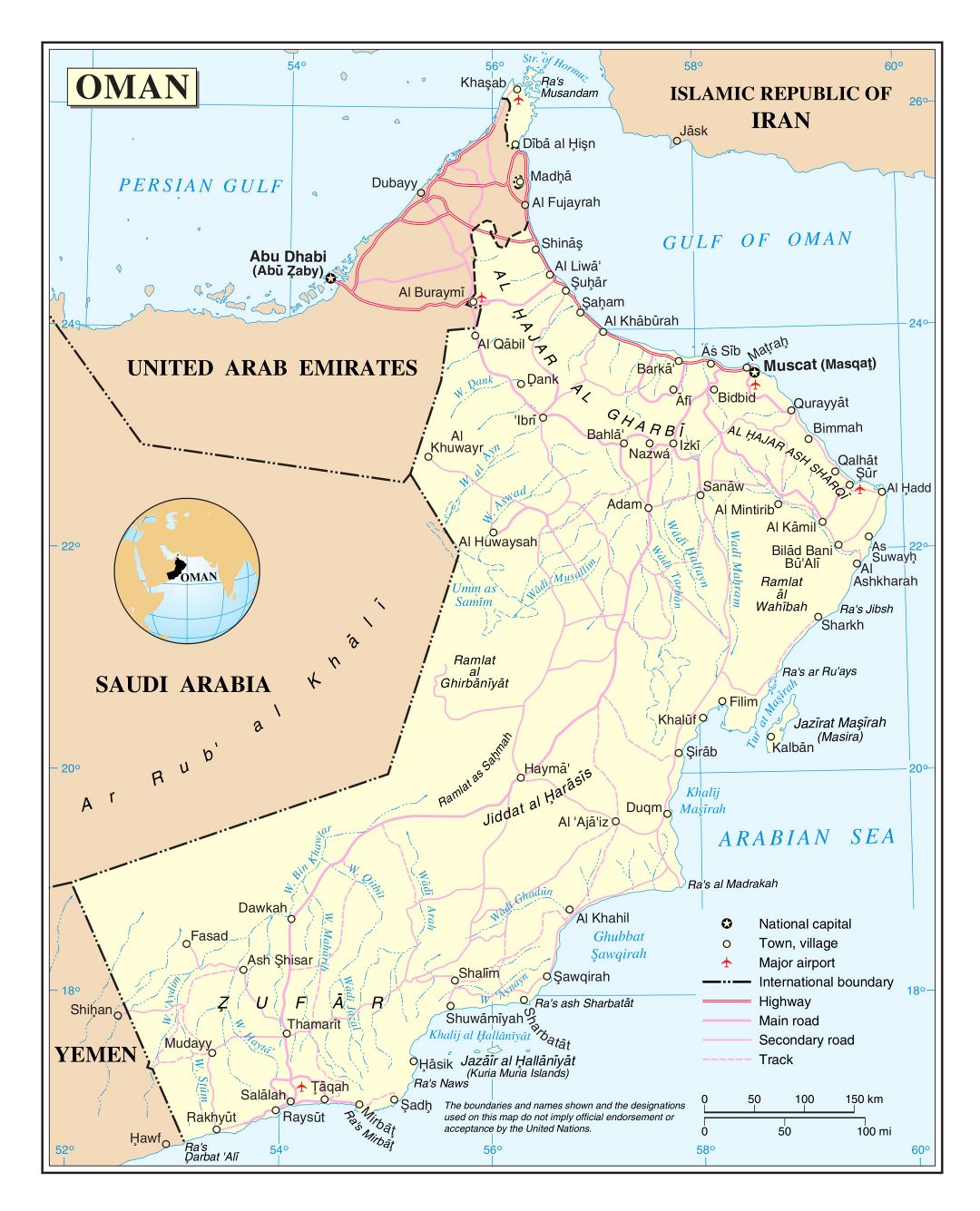 Large detailed political map of Oman with roads, cities and airports