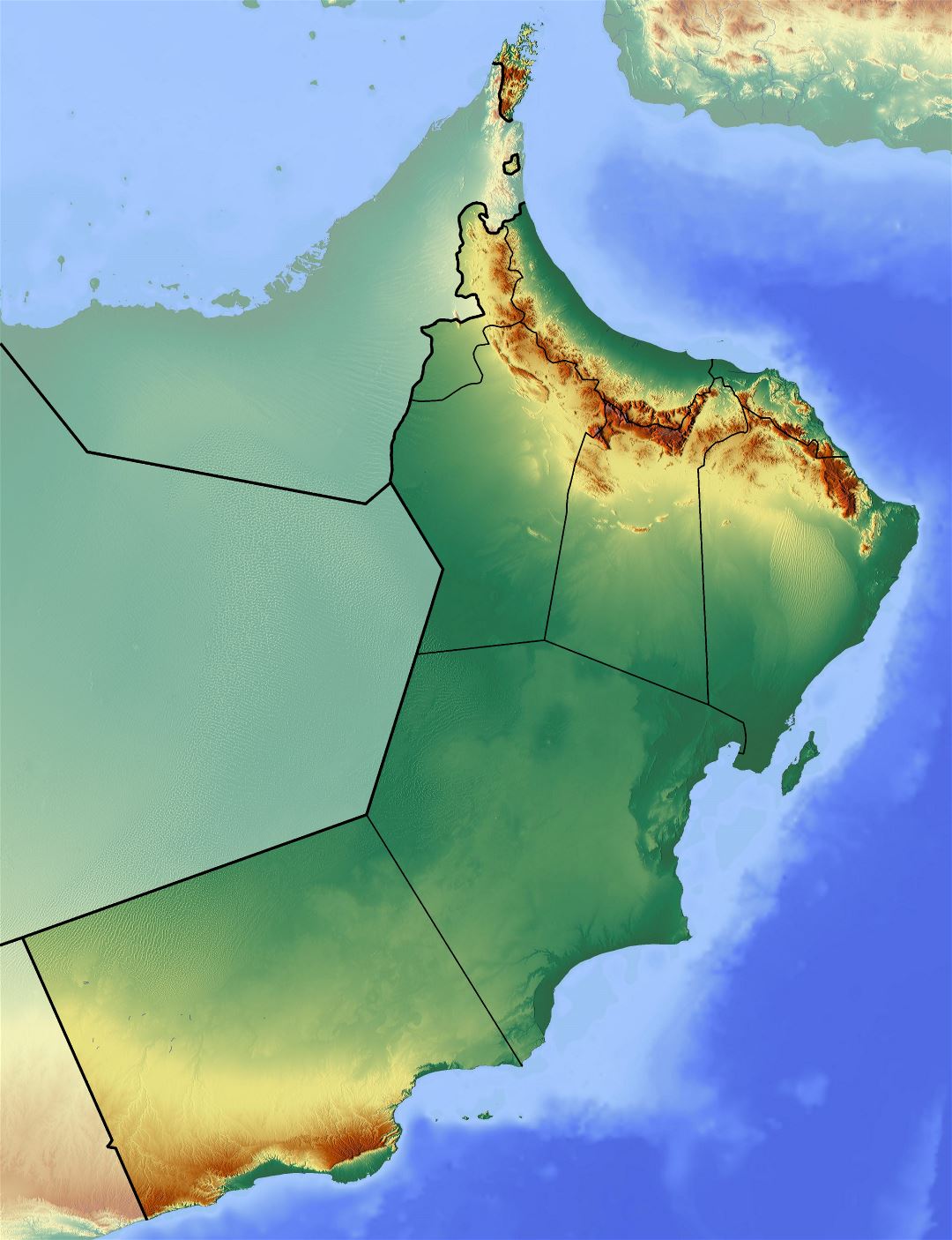 Large detailed relief map of Oman