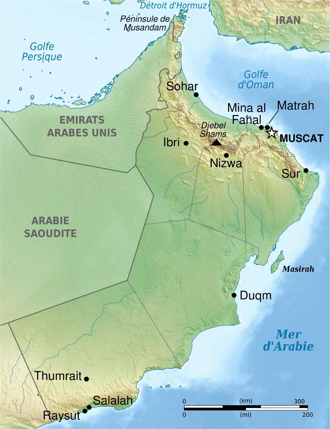 Large detailed relief map of Oman with administrative divisions and major cities