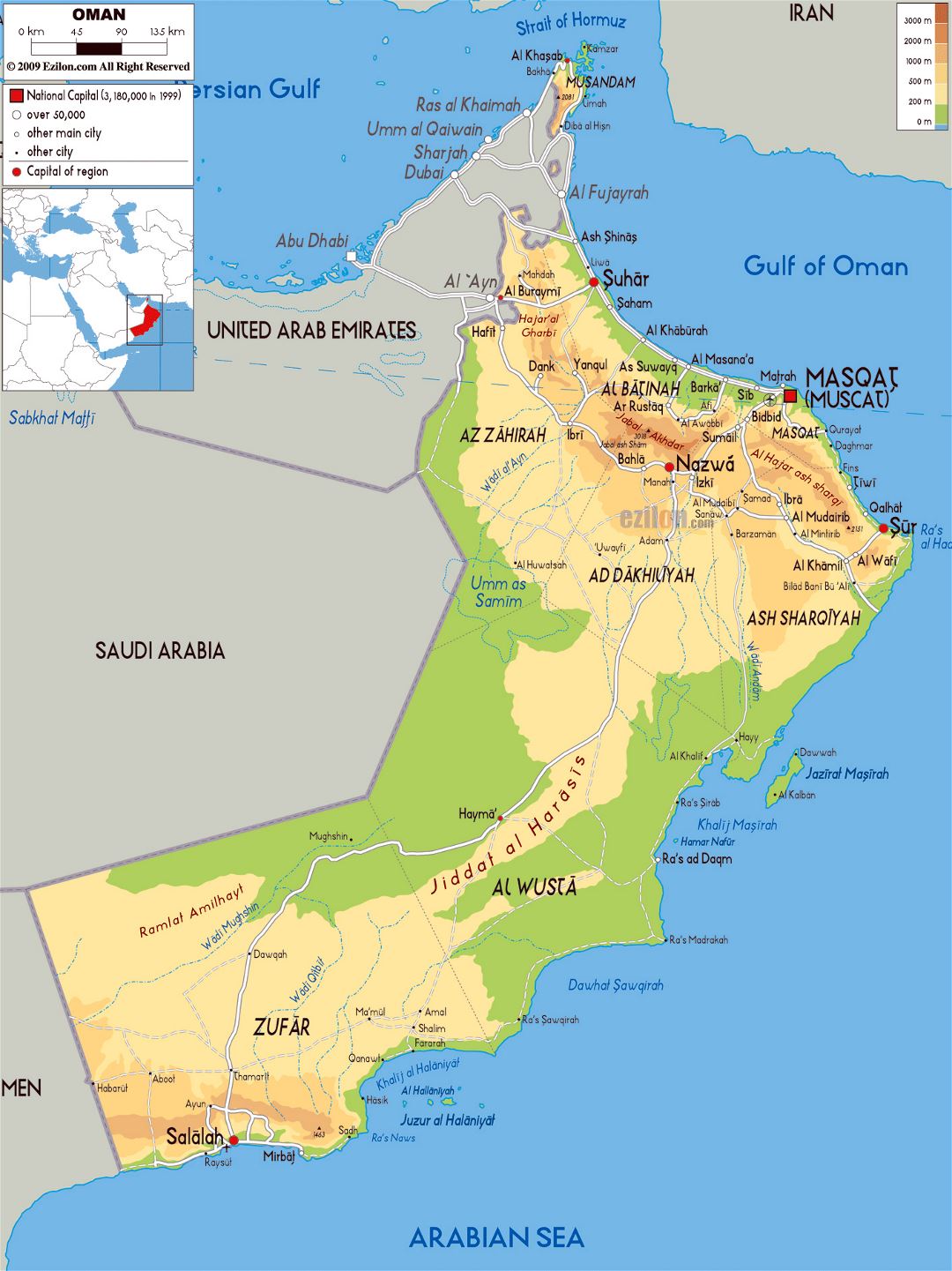 Large physical map of Oman with roads, cities and airports