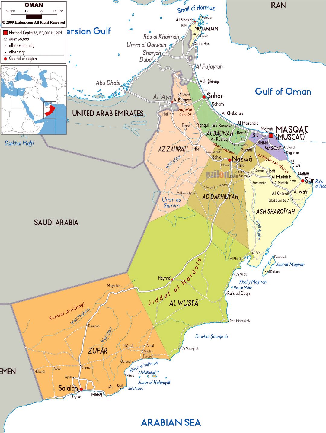 Large political and administrative map of Oman with roads, cities and airports