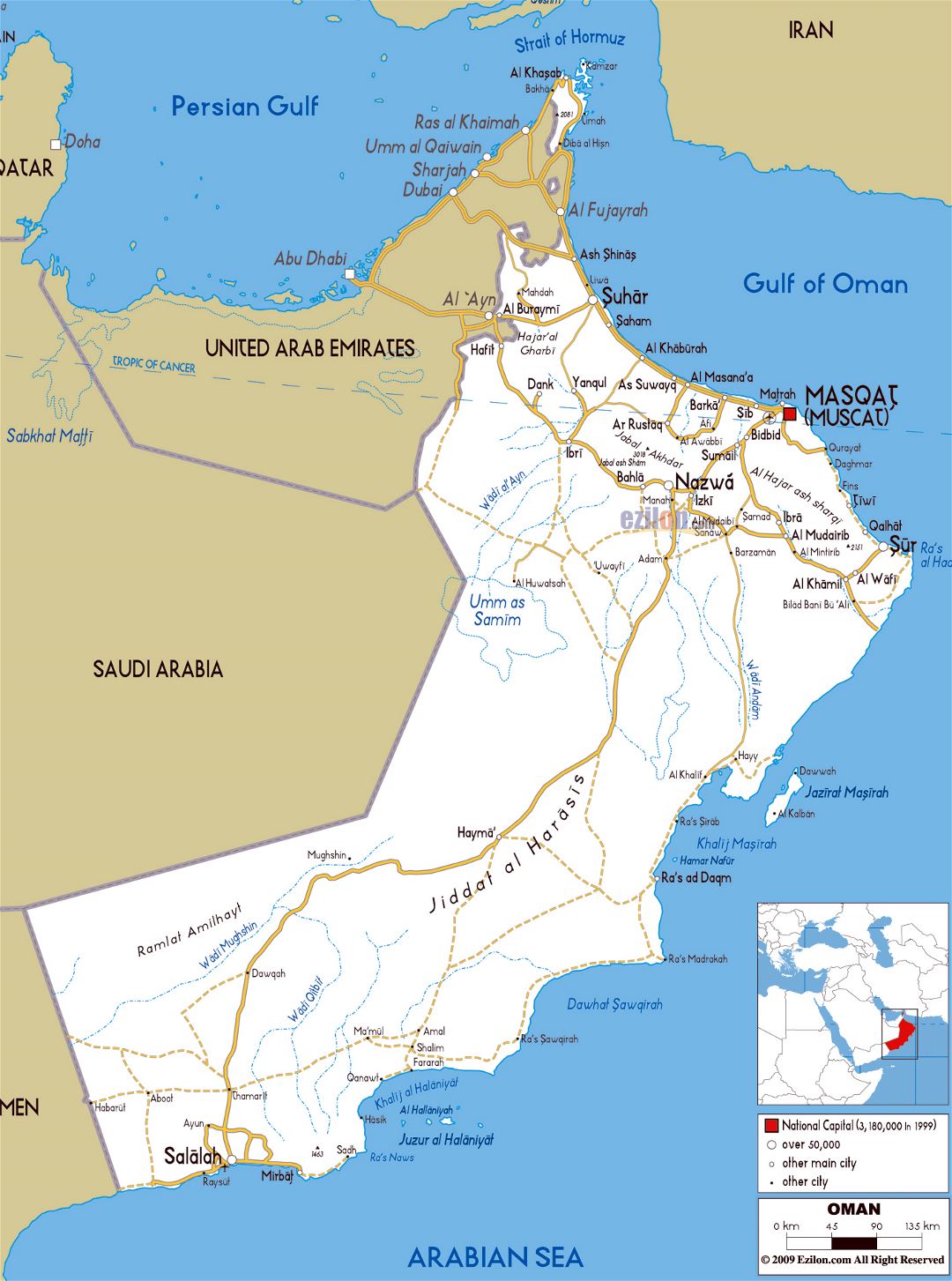 Large road map of Oman with cities and airports