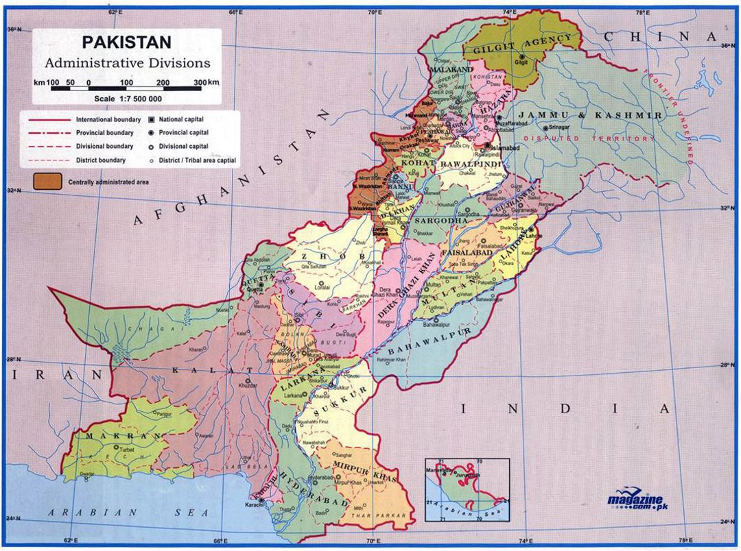 Detailed administrative divisions map of Pakistan