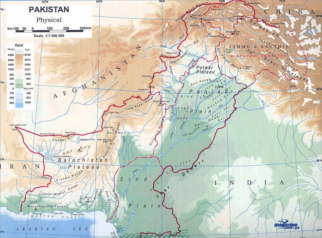Detailed physical map of Pakistan