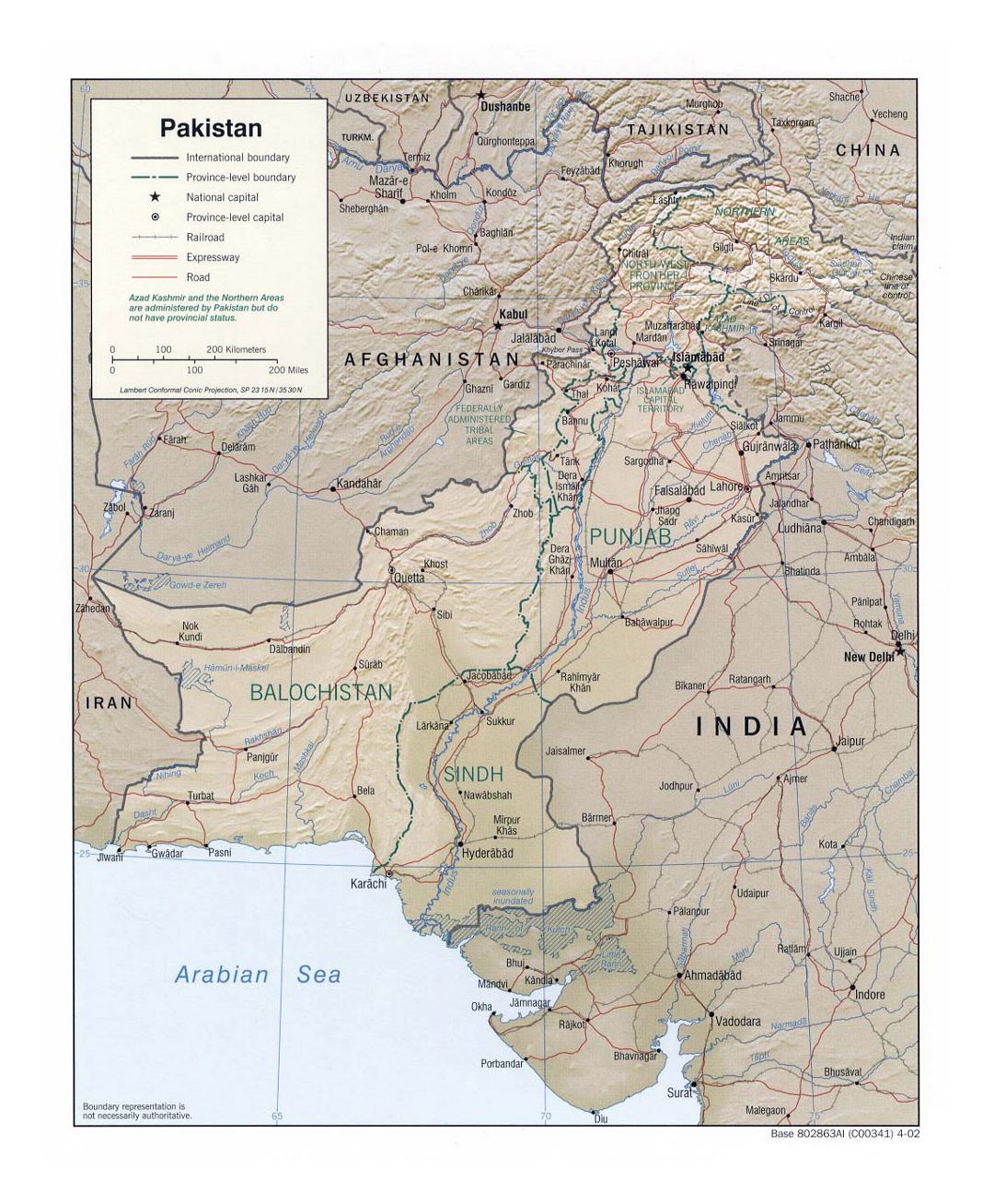 Detailed political and administrative map of Pakistan with relief, roads, railroads and major cities - 2002