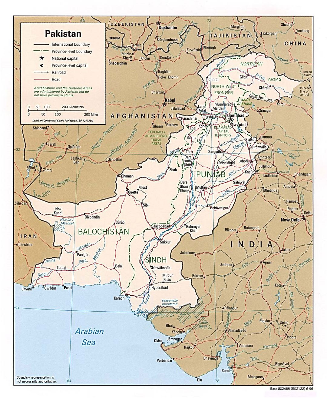Detailed political and administrative map of Pakistan with roads, railroads and major cities - 1996