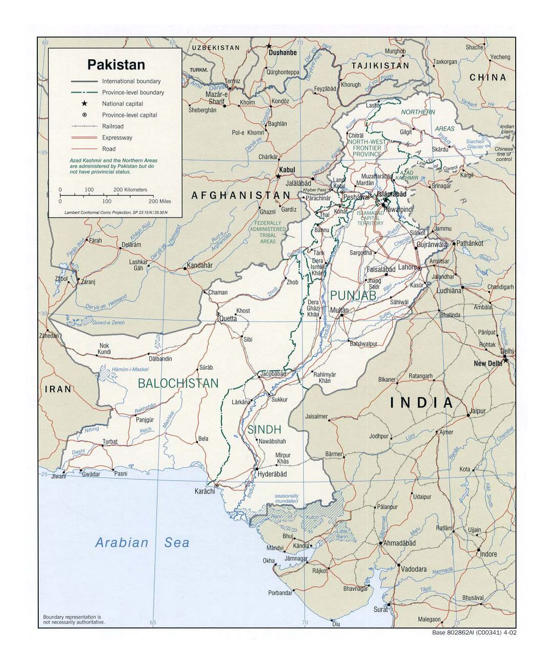 Detailed political and administrative map of Pakistan with roads, railroads and major cities - 2002