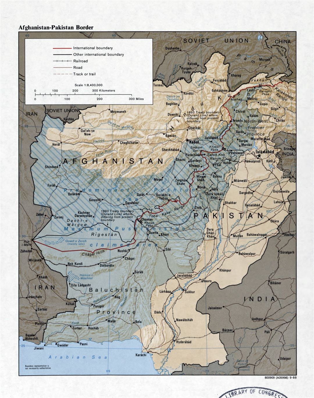 Large detailed map of Afghanistan-Pakistan border with relief, roads, railroads and cities - 1988