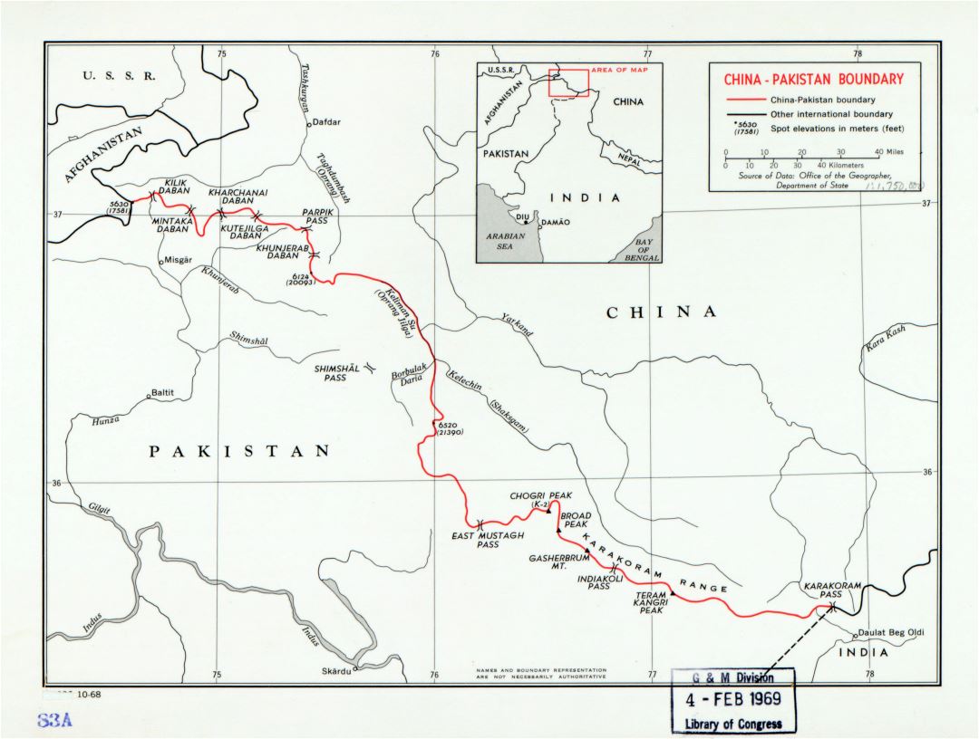 Large detailed map of China - Pakistan boundary - 1968