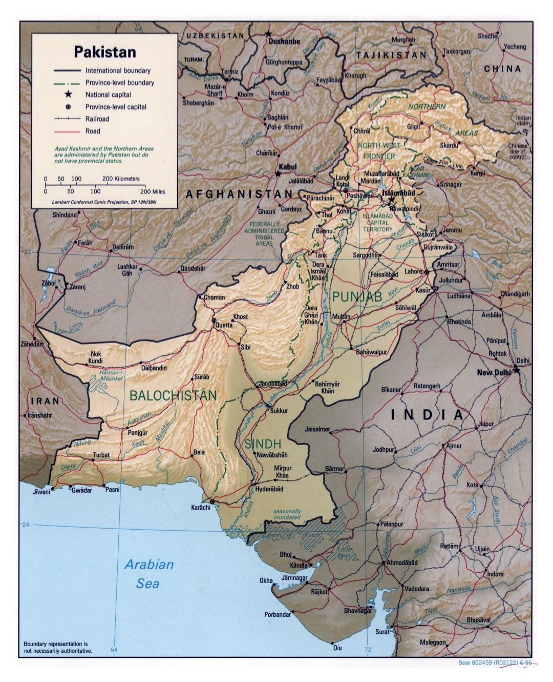 Large detailed political and administrative map of Pakistan with relief, roads, railroads and major cities - 1996