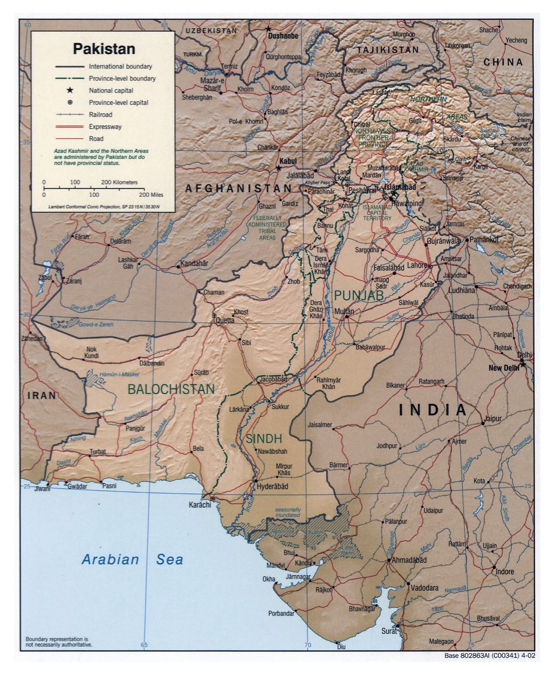 Large detailed political and administrative map of Pakistan with relief, roads, railroads and major cities - 2002