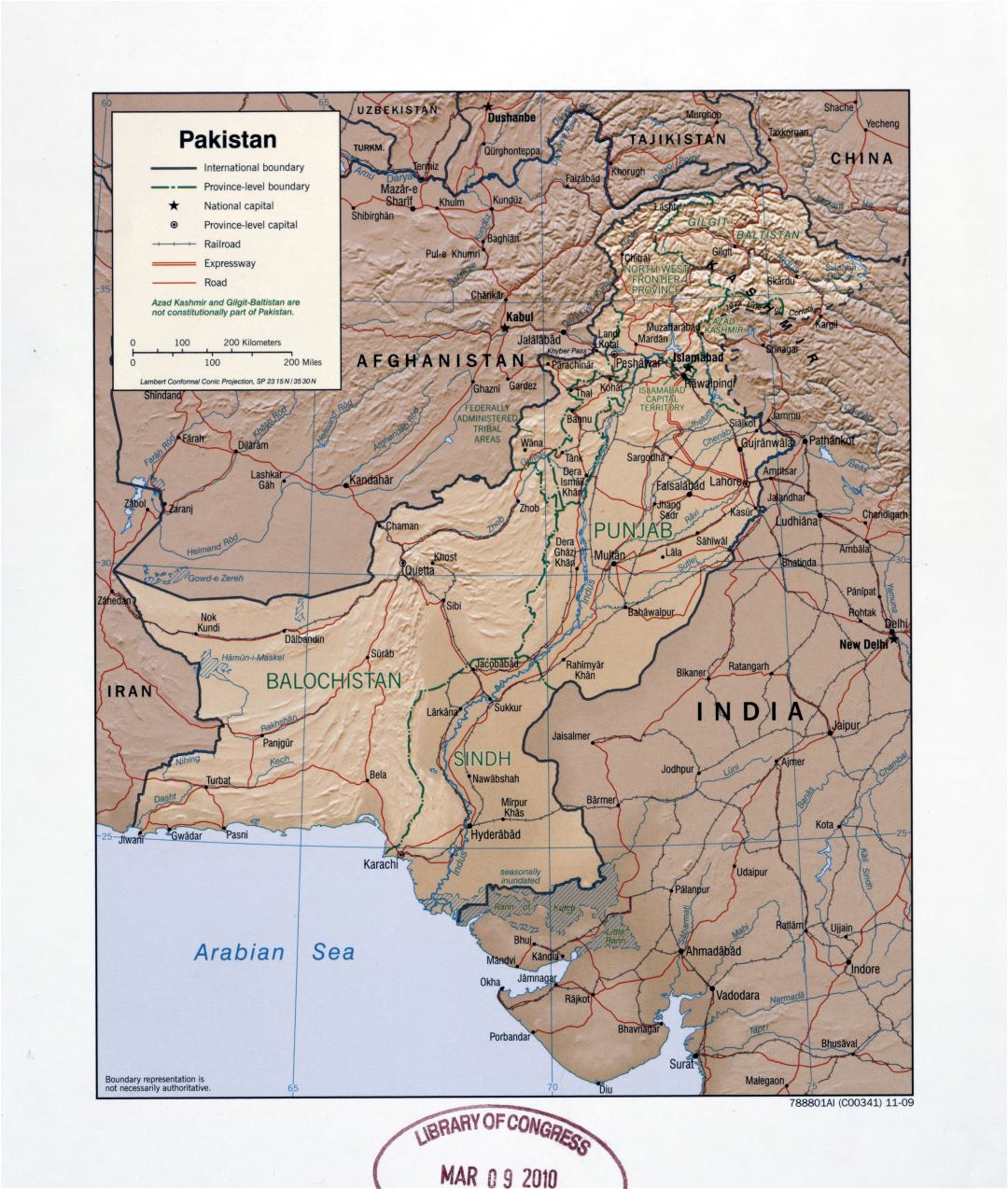 Large detailed political and administrative map of Pakistan with relief, roads, railroads and major cities - 2009