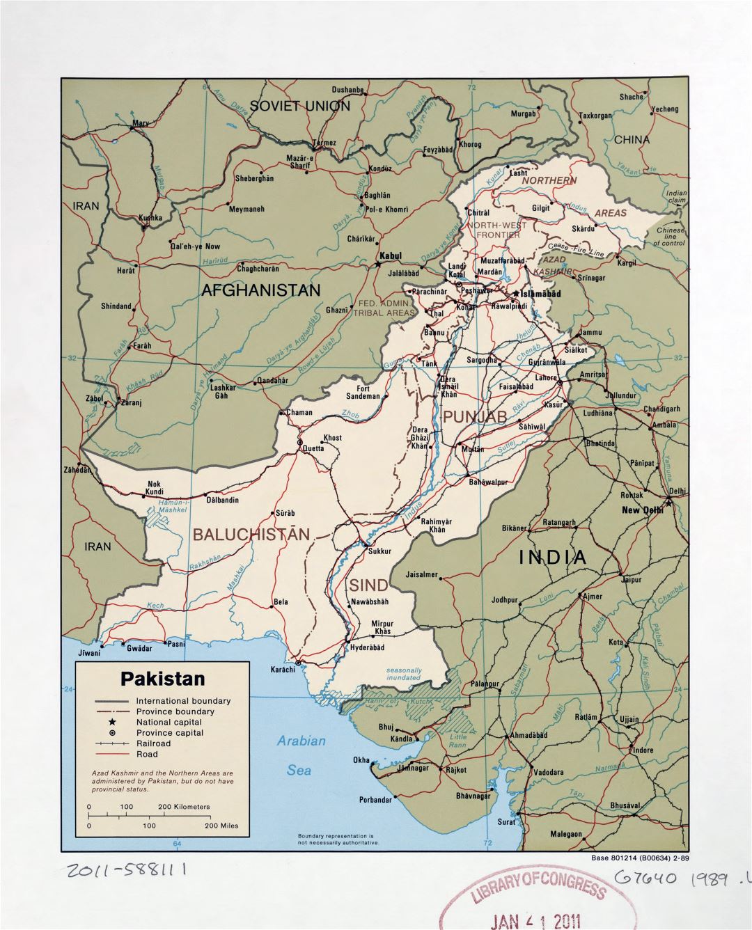 Large detailed political and administrative map of Pakistan with roads, railroads and major cities - 1989