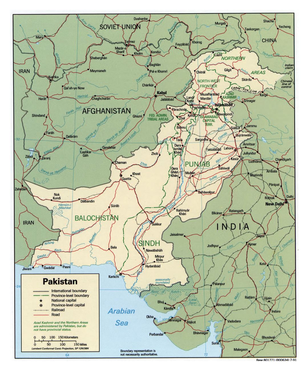 Large detailed political and administrative map of Pakistan with roads, railroads and major cities - 1991