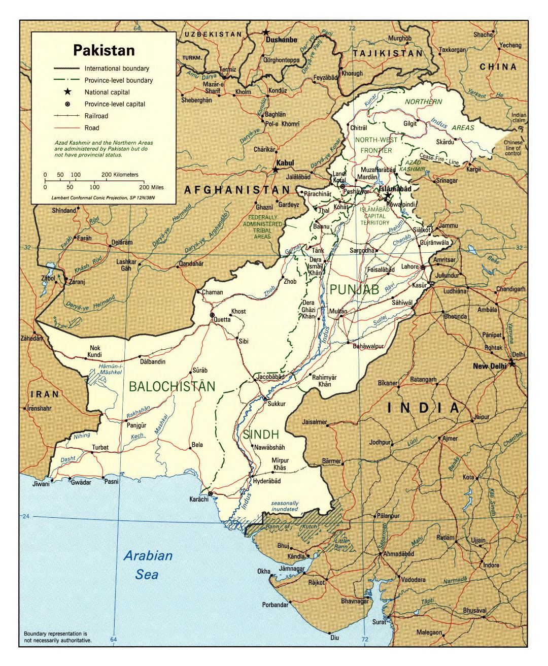Large detailed political and administrative map of Pakistan with roads, railroads and major cities - 1996