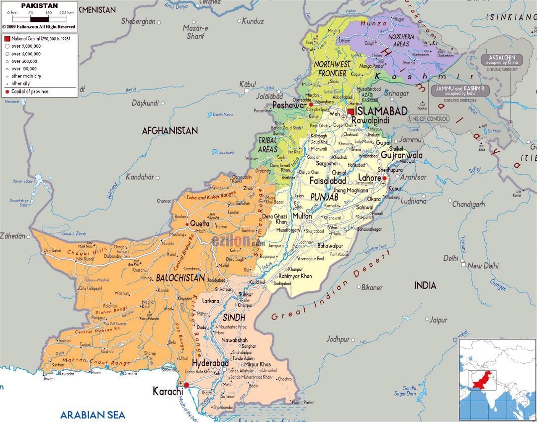 Large political and administrative map of Pakistan with roads, cities and airports