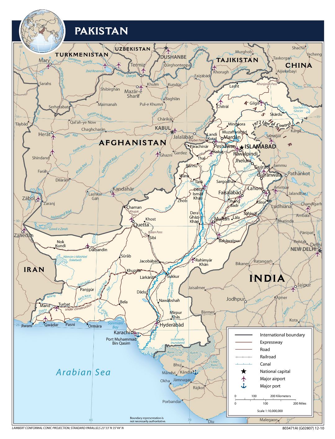 Large political map of Pakistan with roads, railroads, cities, airports, ports and other marks - 2010