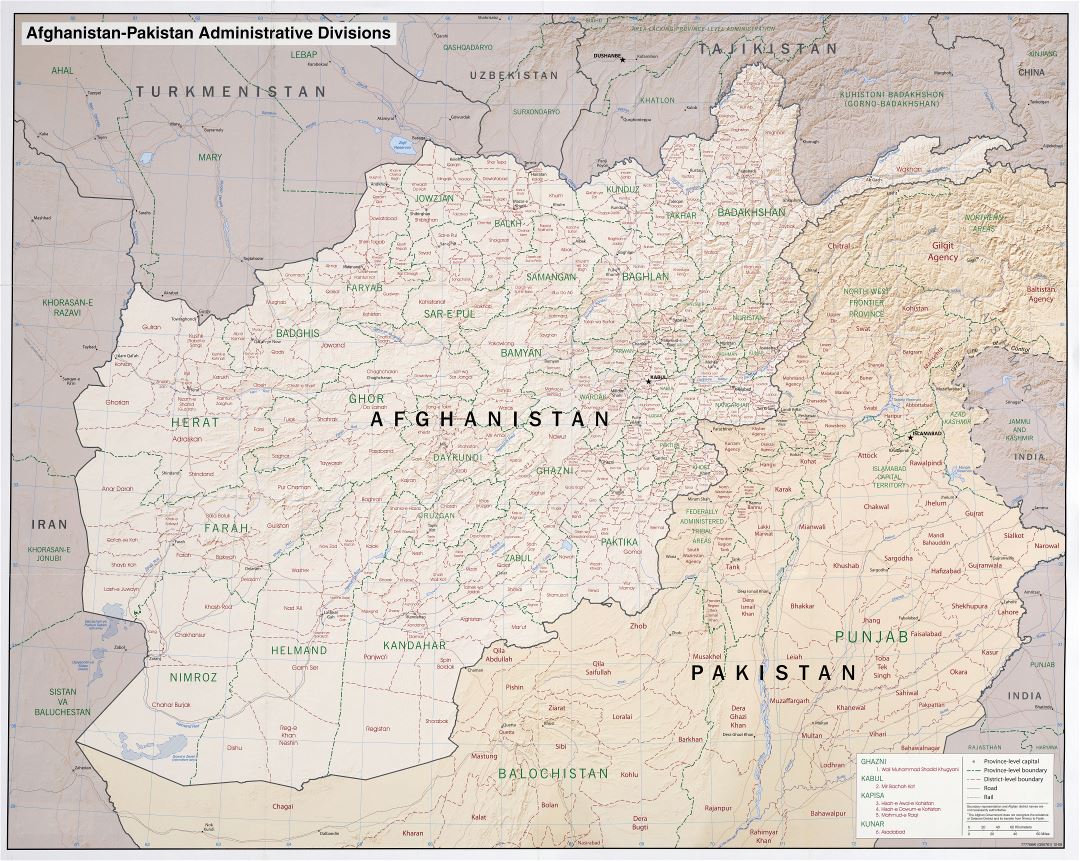 Large scale administrative divisions map of Afghanistan and Pakistan with relief, roads, railroads and major cities - 2008