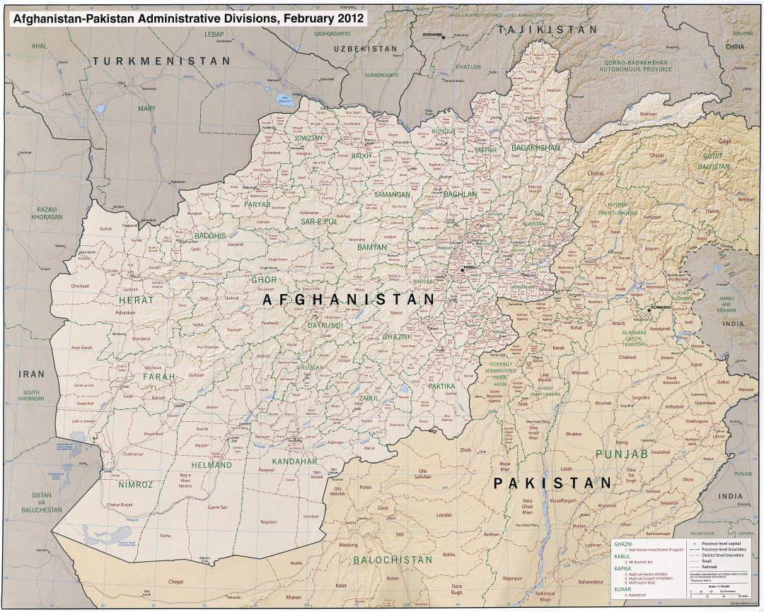 Large scale administrative divisions map of Afghanistan and Pakistan with relief, roads, railroads and major cities - 2012