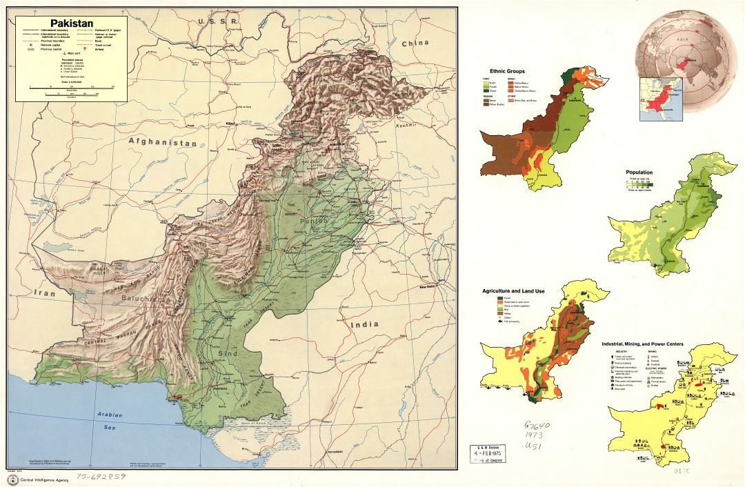 Large scale detailed country profile map of Pakistan - 1973