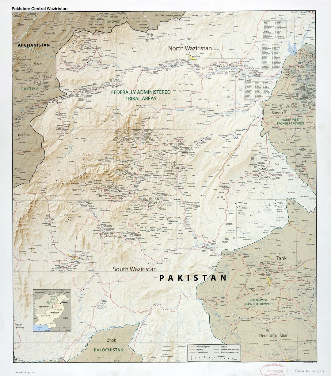 Large scale detailed map of Pakistan (Central Waziristan) with relief, roads, railroads, all cities and villages - 2007