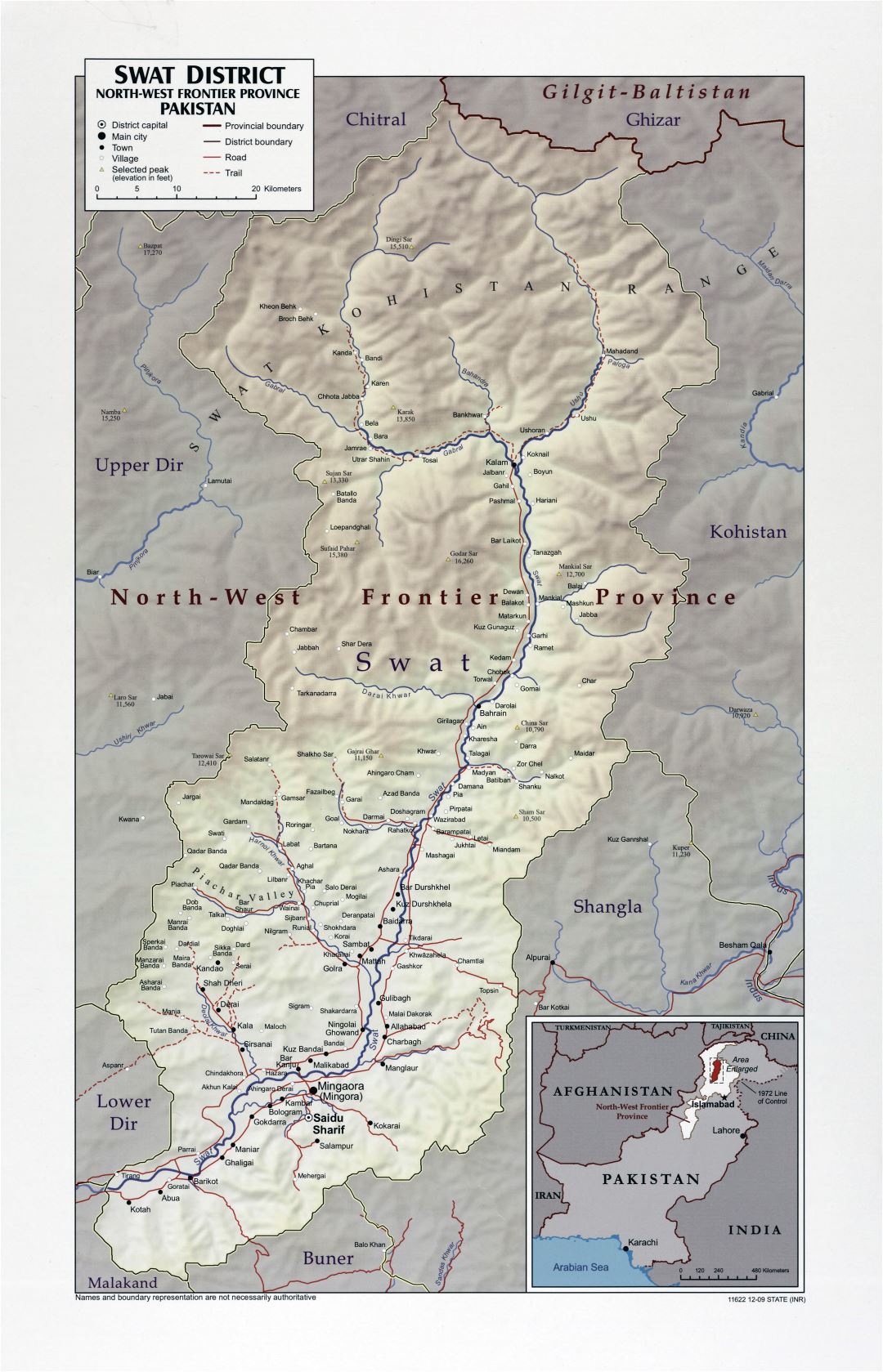 Large scale Swat District North West Frontier Province map of Pakistan with relief, roads, cities, towns and villages - 2009
