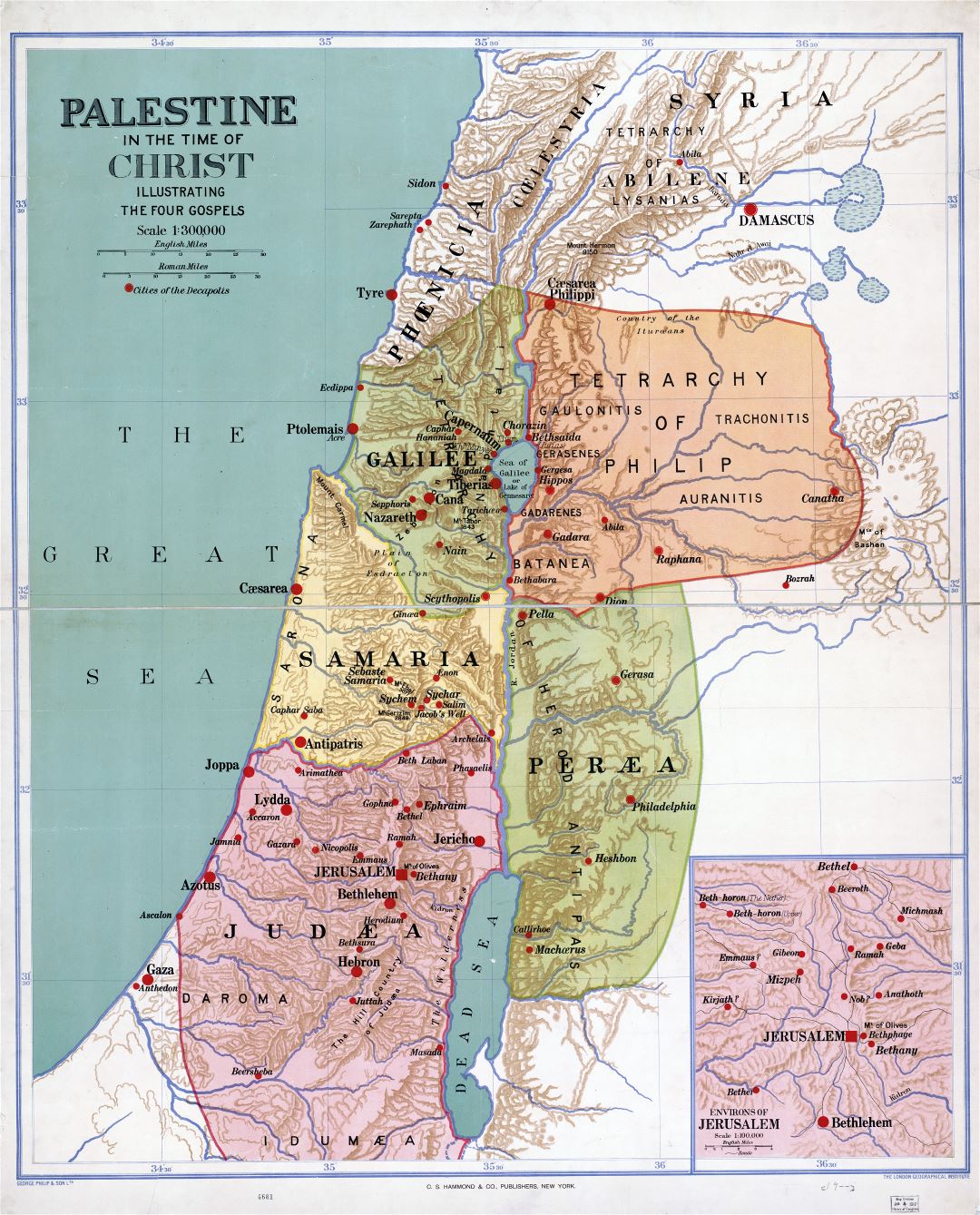 Large detailed old map of Palestine in the time of Christ - 1916