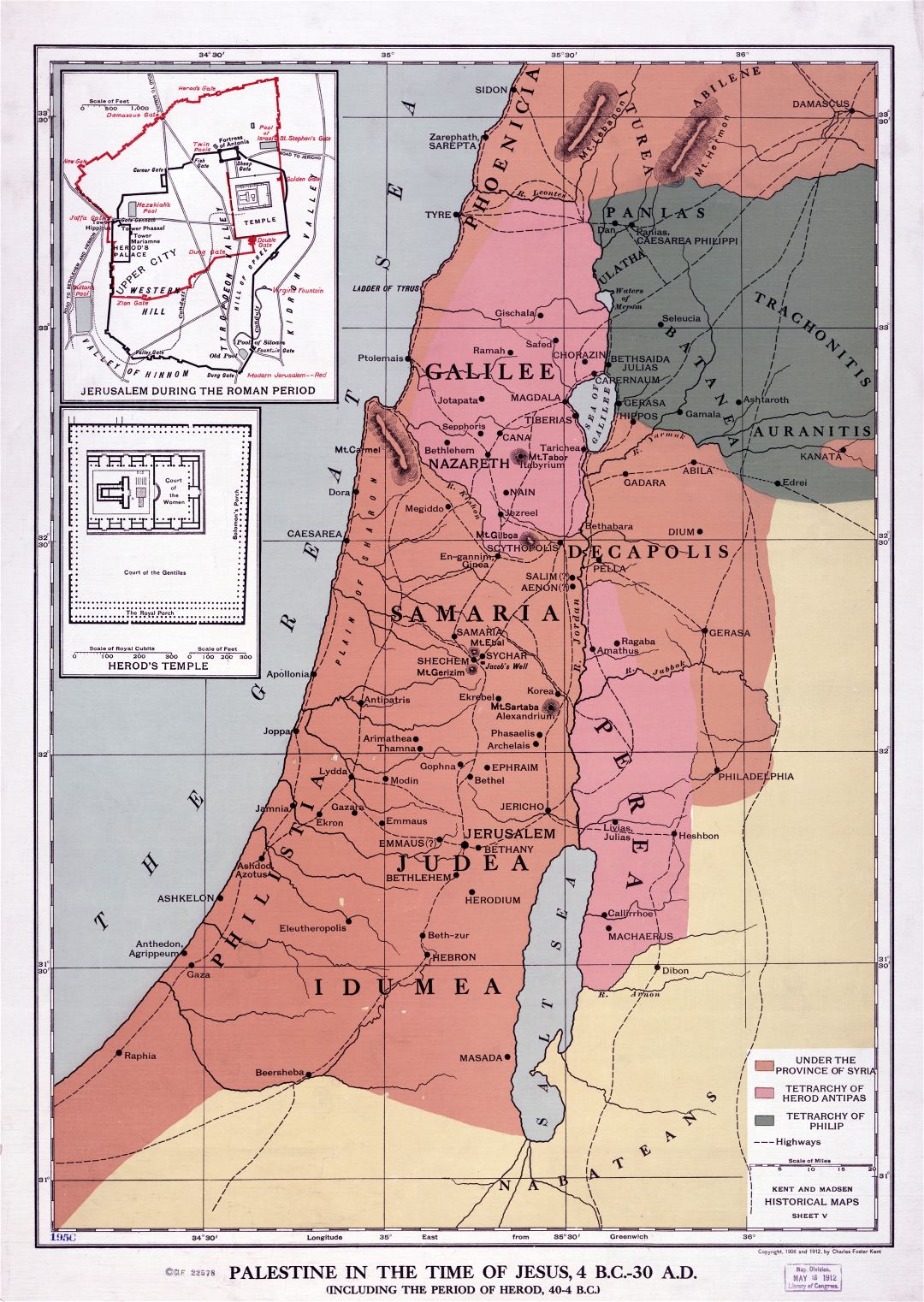 Large detailed old map of Palestine in the time of Jesus 4 B.C. - 30 A.D. - 1912