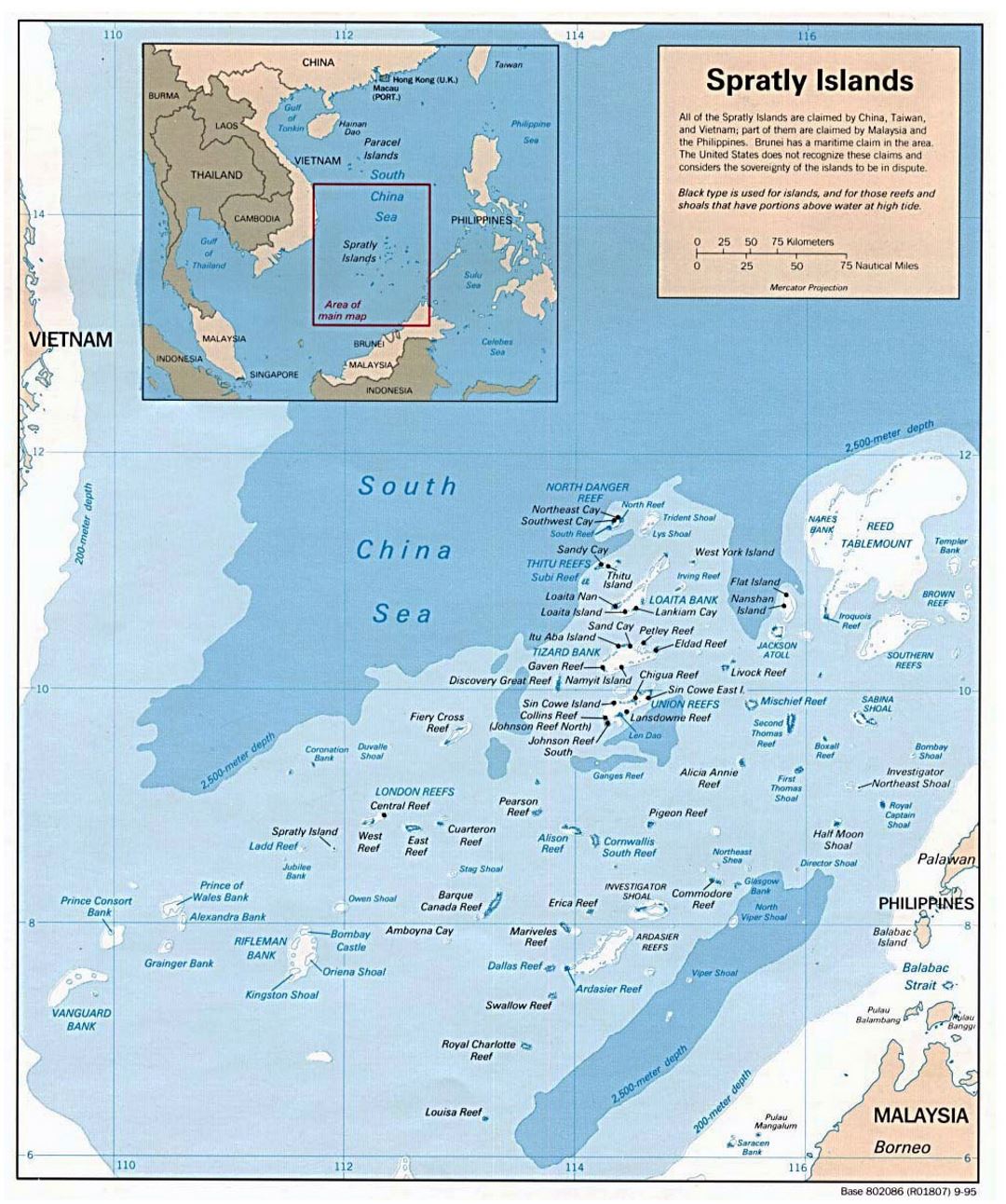 Detailed political map of Spratly Islands - 1995