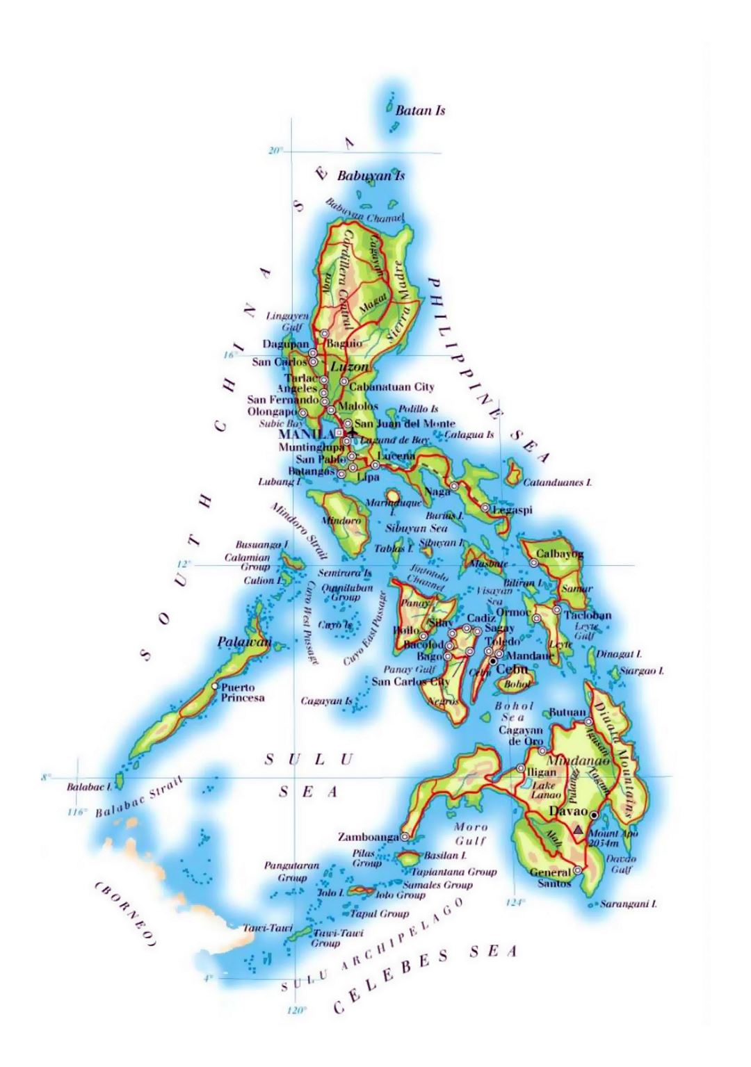 Detailed elevation map of Philippines with roads, railroads, major cities and airports