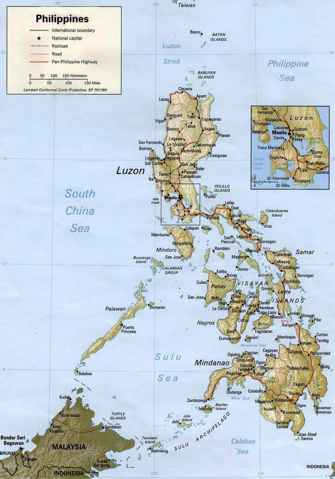 Detailed political map of Philippines with relief and other marks