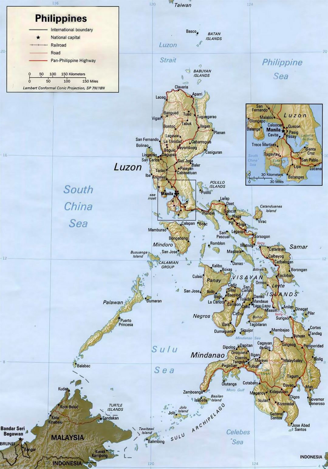 Detailed political map of Philippines with relief and other marks