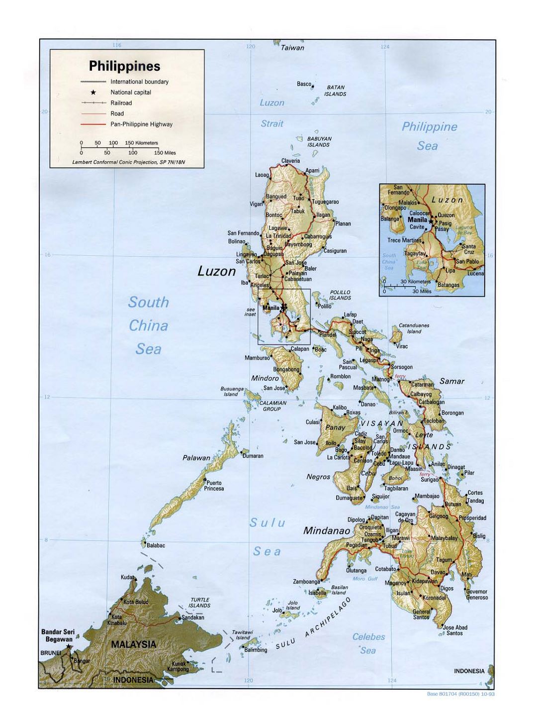 Detailed political map of Philippines with relief, roads, railroads and major cities - 1993