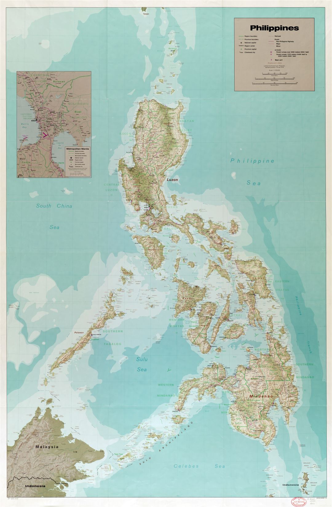 Large scale detailed political and administrative map of Philippines with relief, roads, railroads, all cities, airports, ports and other marks - 1990