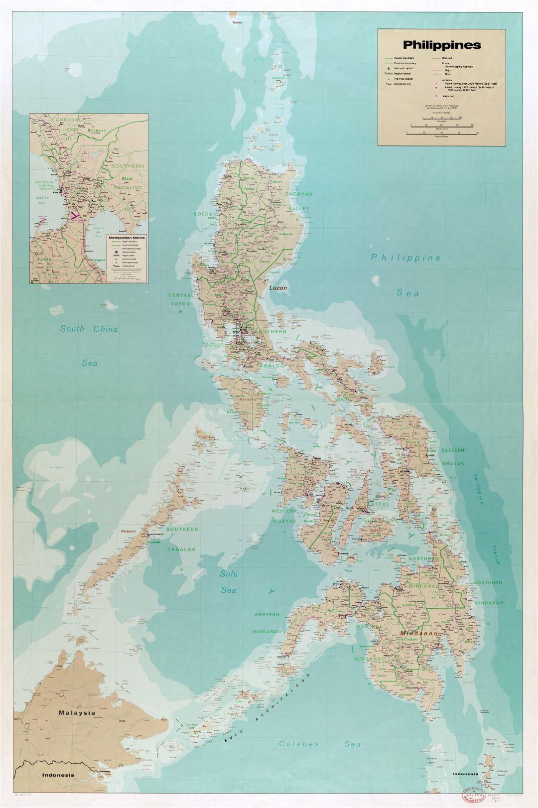 Large scale detailed political and administrative map of Philippines with roads, railroads, all cities, airports, ports and other marks - 1990