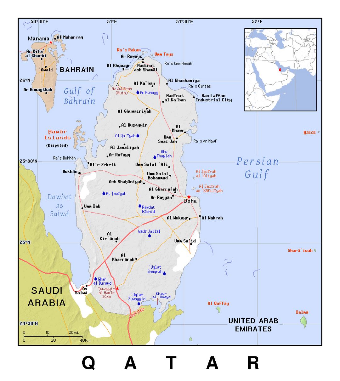 Detailed political map of Qatar with relief