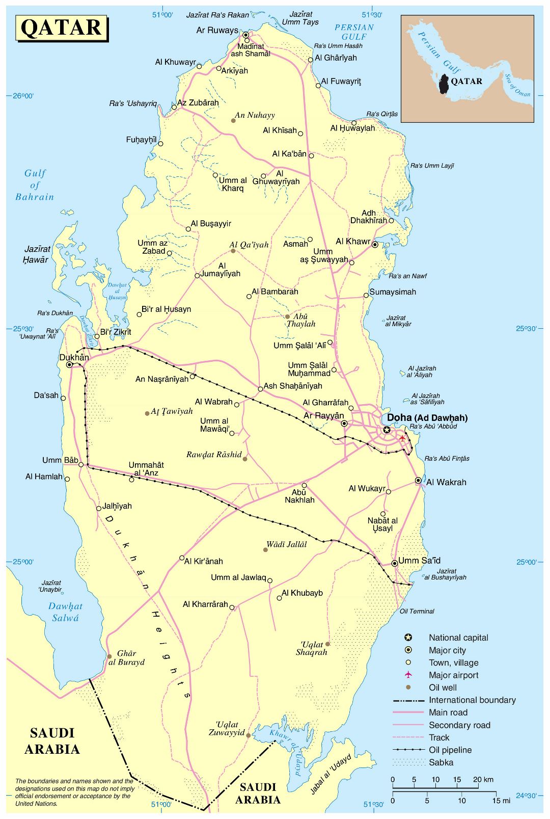 Large detailed political map of Qatar with roads, cities, airports and other marks